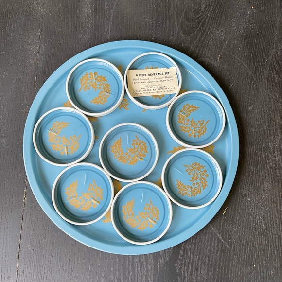 Vintage Other - Vintage Beverage Tray Coaster Set Vintage Christmas Holiday Blue Gold Drinkware